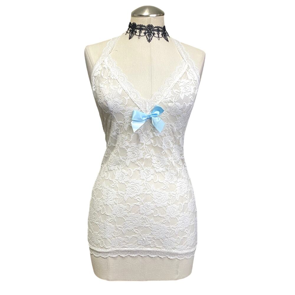 Dreamgirl Coquette Lacy Beaded Open Back Glam Ruched Mini Lingerie Slip Dress